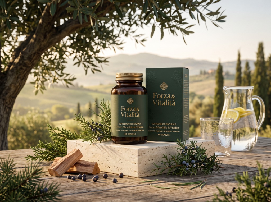Integratore naturale Forza & Vitalità flacone e scatola in ambiente naturale